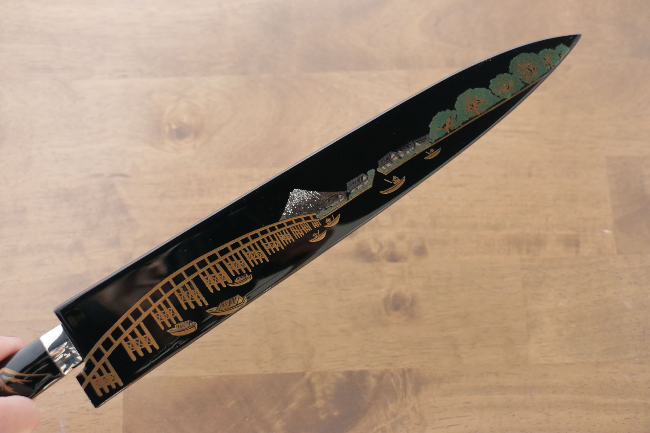 Takeshi Saji Blue Steel No.2 Colored Damascus Sujihiki 270mm Lacquered Handle with Sheath - Seisuke Knife