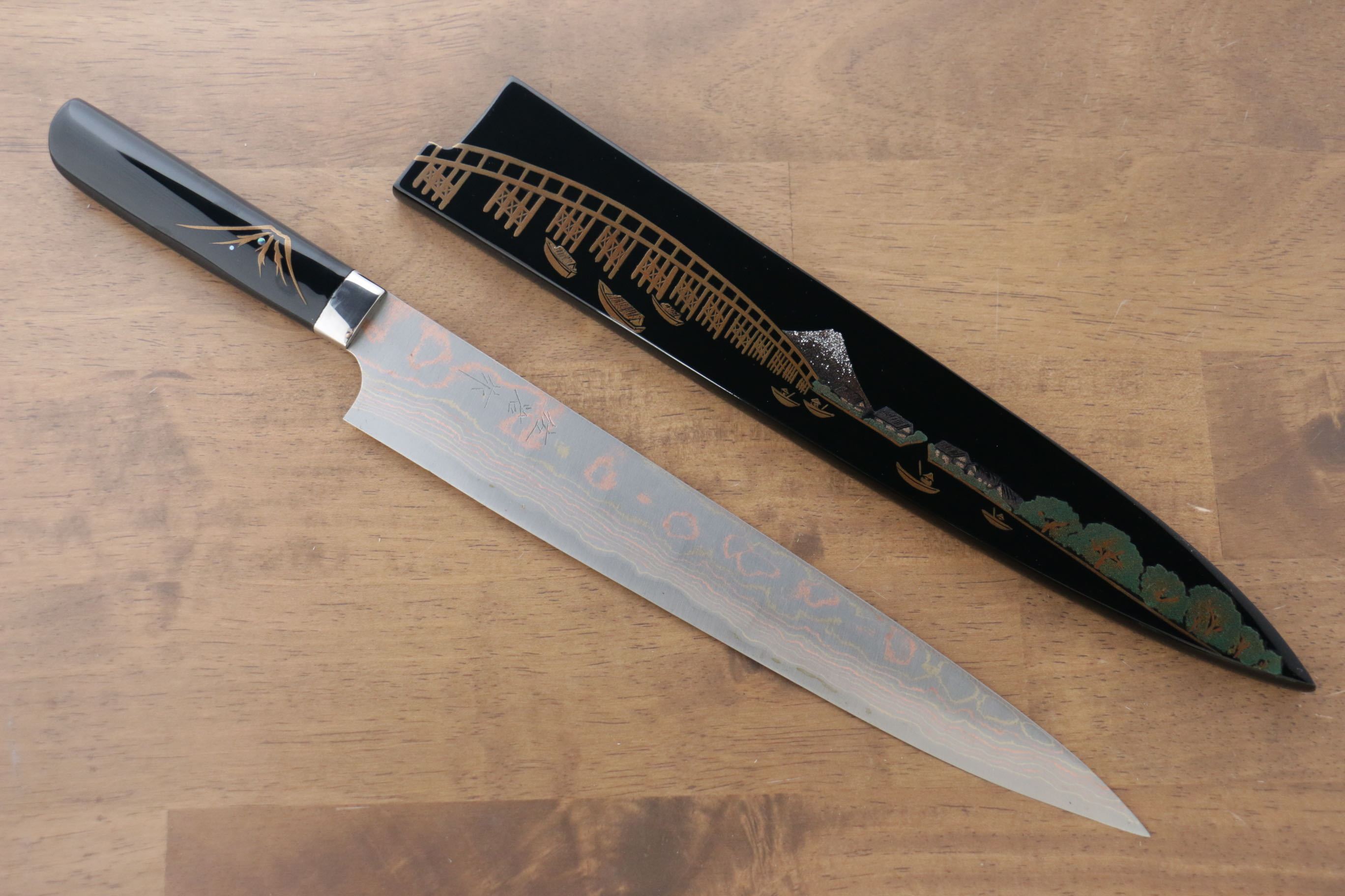 Takeshi Saji Blue Steel No.2 Colored Damascus Sujihiki 270mm Lacquered Handle with Sheath - Seisuke Knife