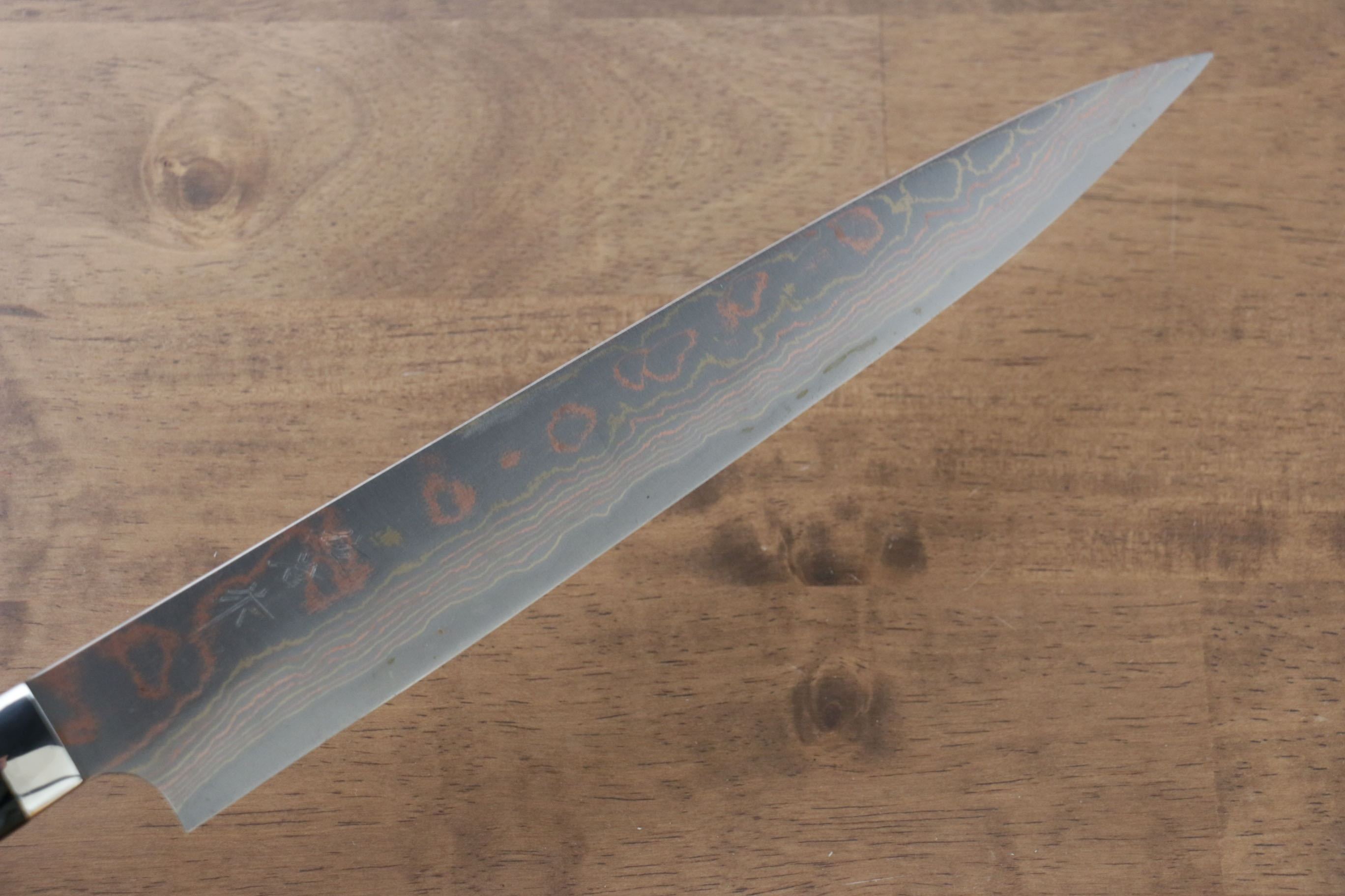 Takeshi Saji Blue Steel No.2 Colored Damascus Sujihiki 270mm Lacquered Handle with Sheath - Seisuke Knife