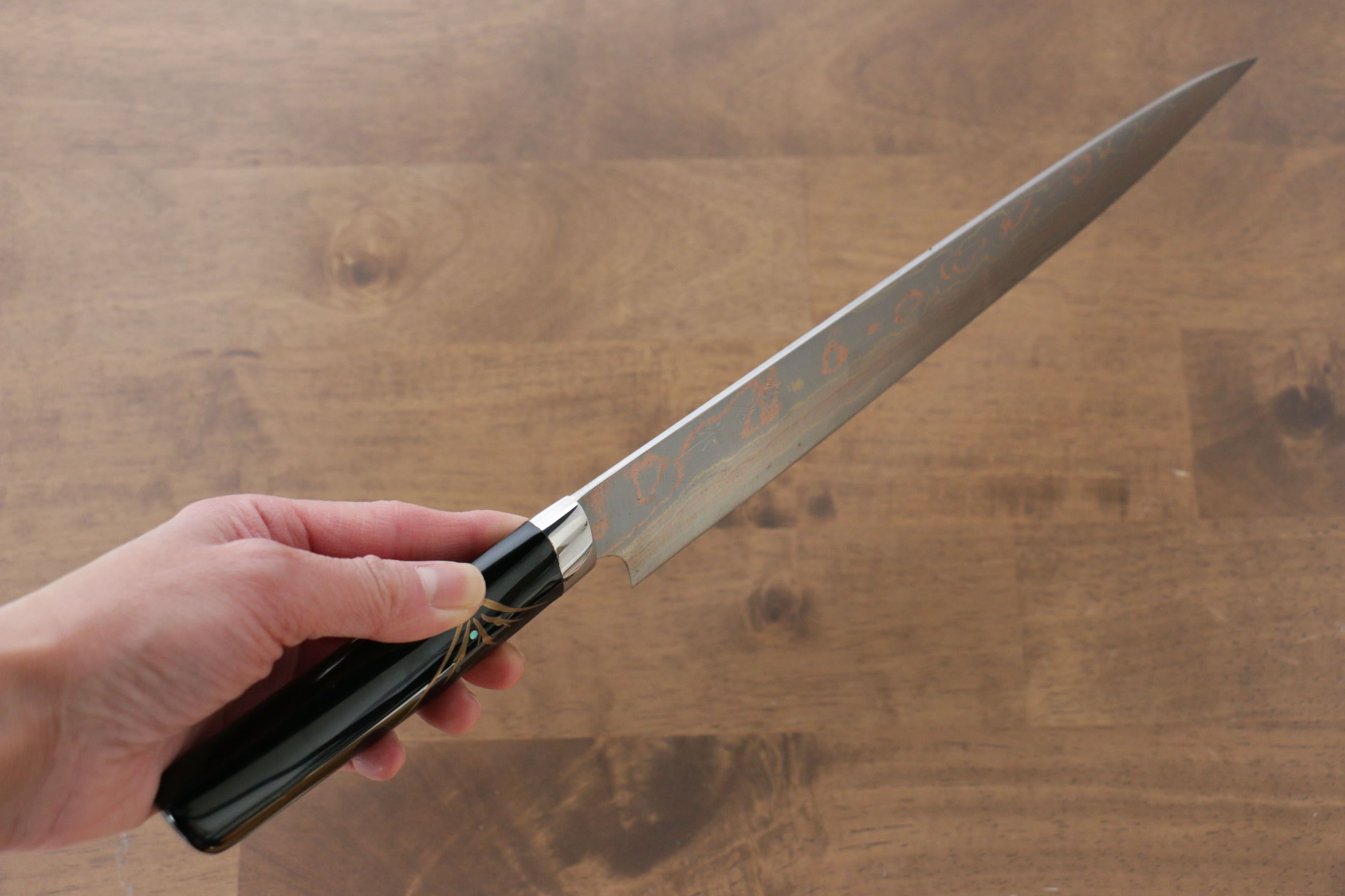 Takeshi Saji Blue Steel No.2 Colored Damascus Sujihiki 270mm Lacquered Handle with Sheath - Seisuke Knife