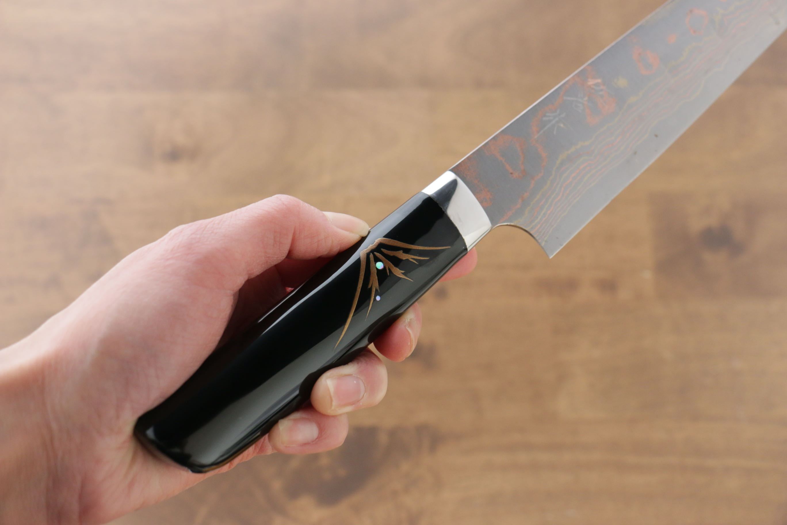 Takeshi Saji Blue Steel No.2 Colored Damascus Sujihiki 270mm Lacquered Handle with Sheath - Seisuke Knife