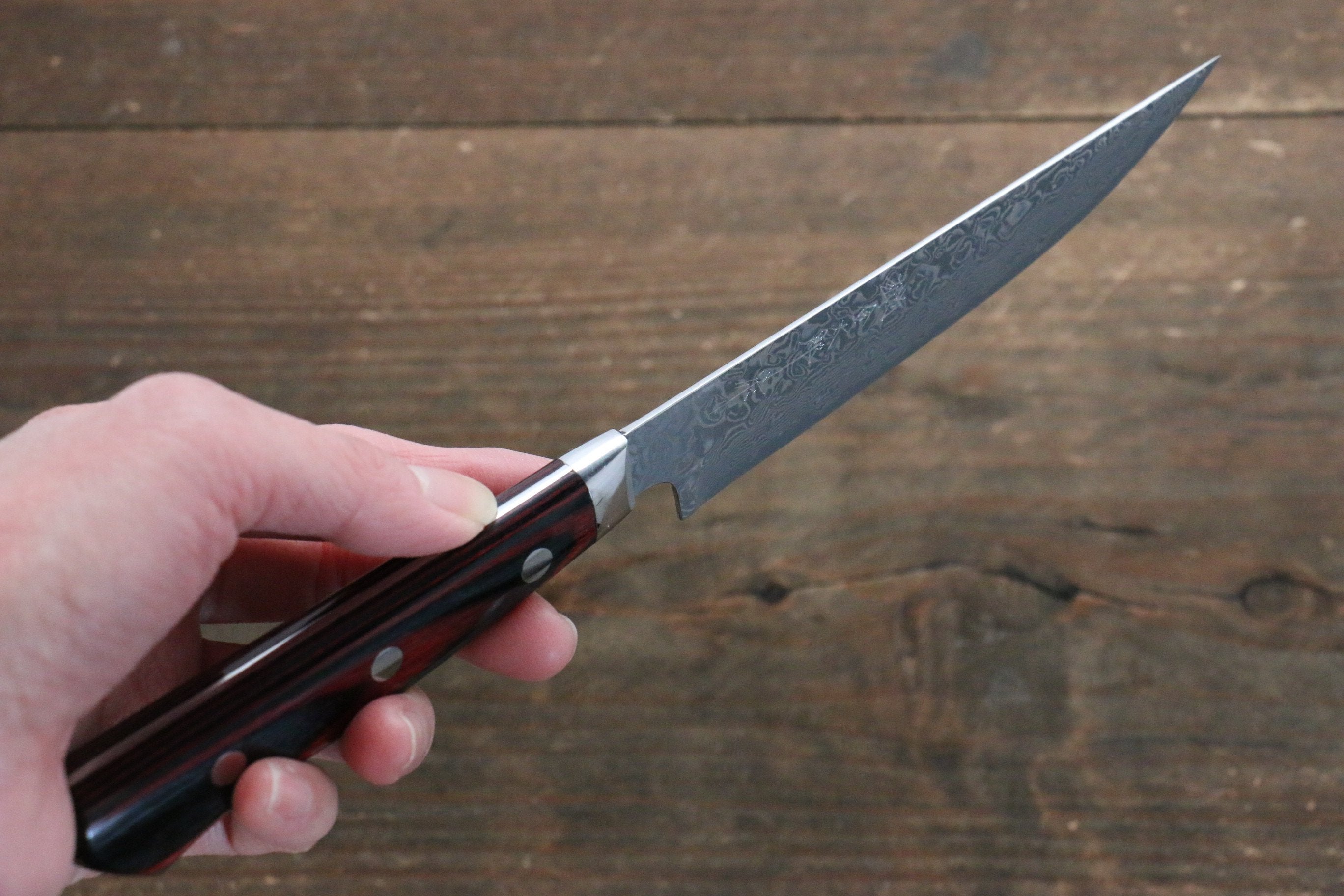 Yoshimi Kato VG10 Damascus Steak 120mm with Red Pakkawood Handle - Seisuke Knife