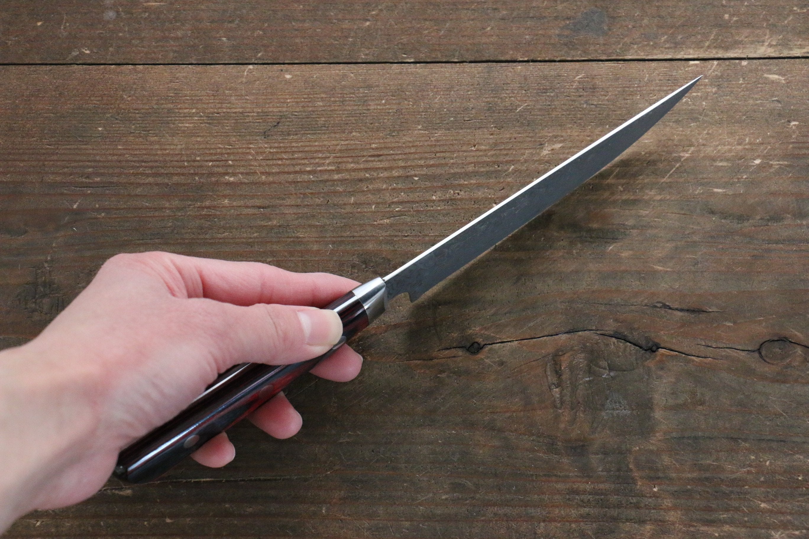 Yoshimi Kato VG10 Damascus Steak 120mm with Red Pakkawood Handle - Seisuke Knife
