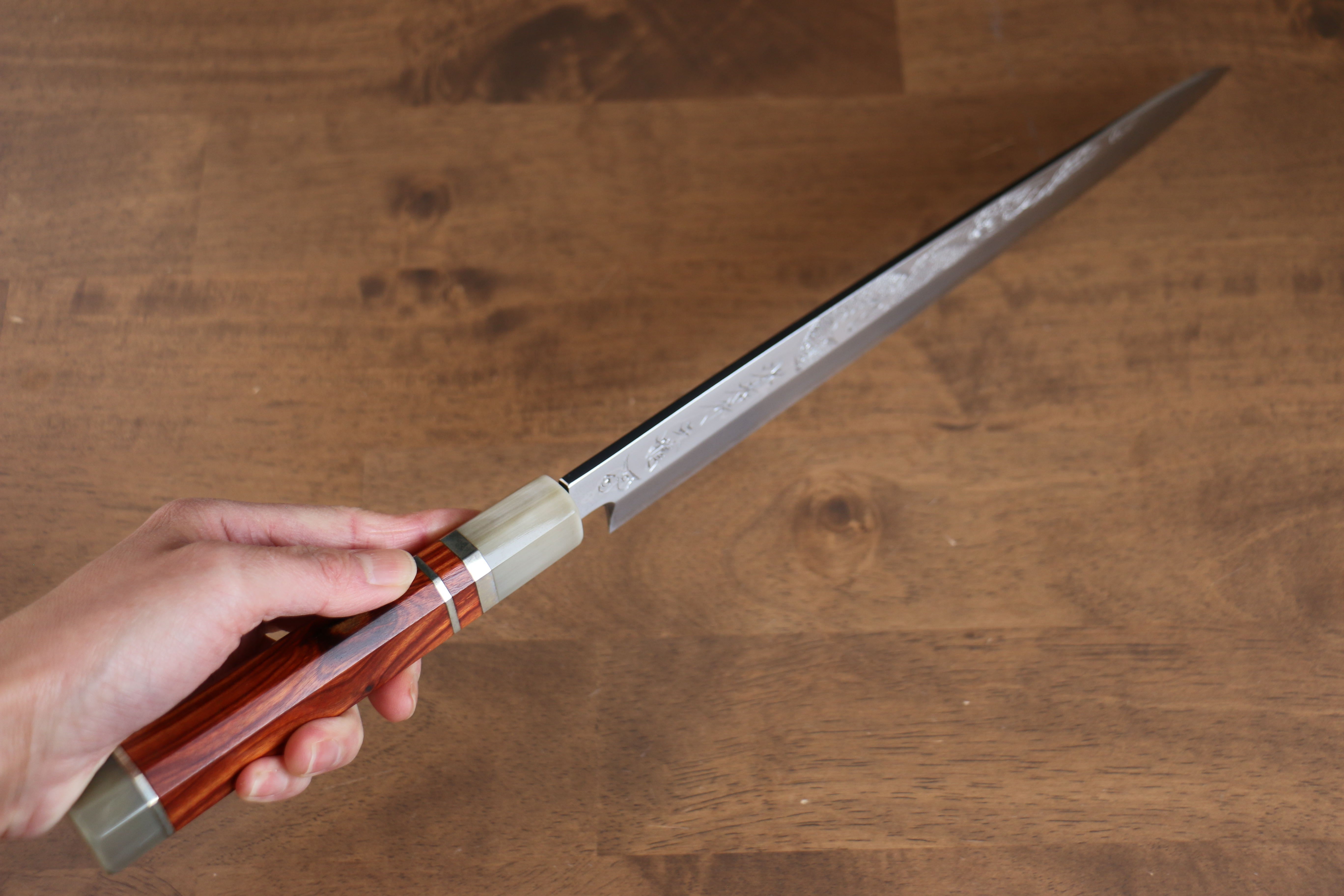 Sakai Takayuki Tenryu Uzushio Blue Steel No.2 Dragon Engraved Yanagiba 300mm Red Ebony Wood Handle with Sheath - Seisuke Knife