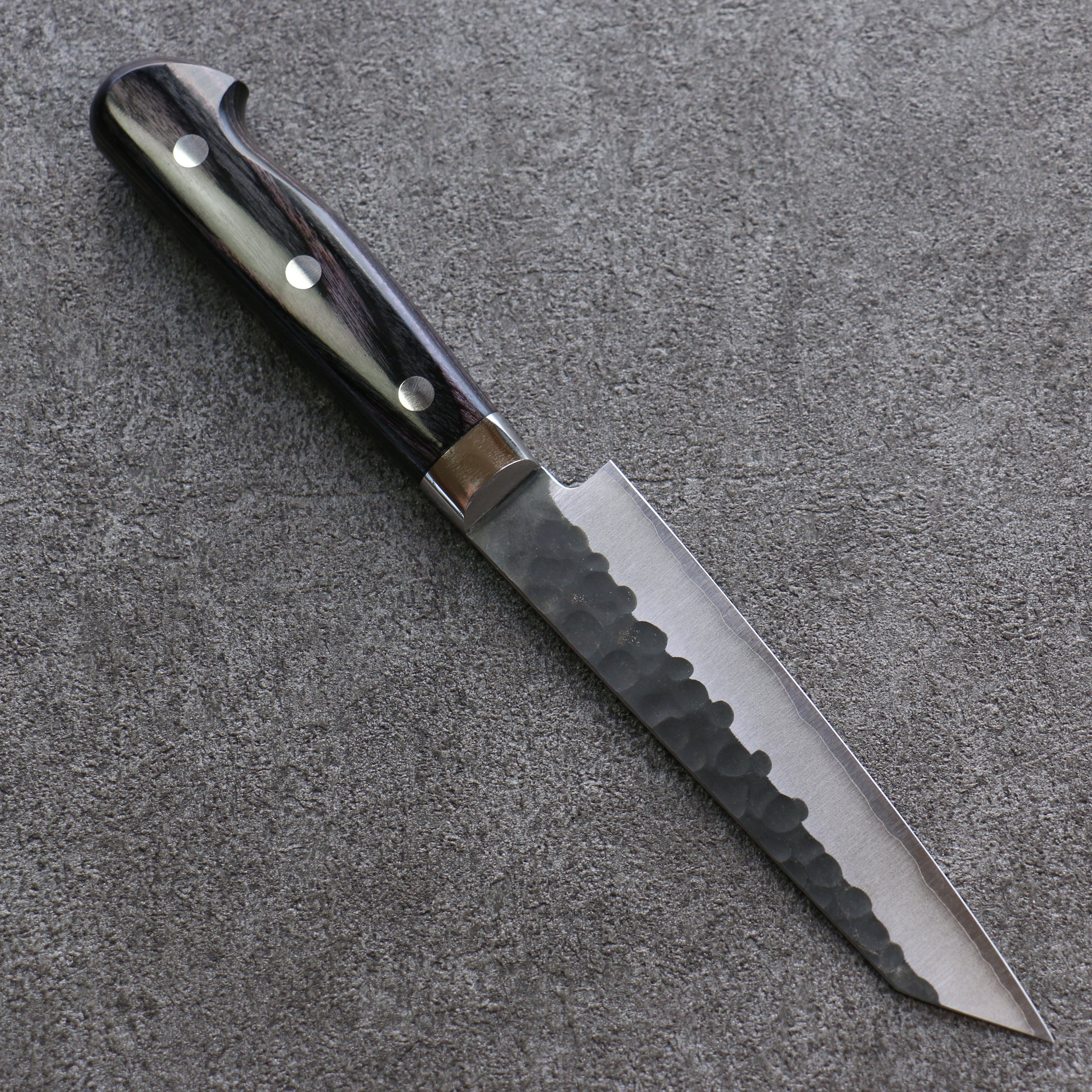 Yoshimi Kato Blue Super Hammered(Maru) Kurouchi Kiritsuke Petty-Utility 150mm Purple Pakka wood Handle - Seisuke Knife