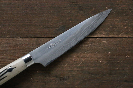 Takeshi Saji Blue Super Migaki Finished Damascus Petty-Utility 135mm White Cow Bone Handle - Seisuke Knife