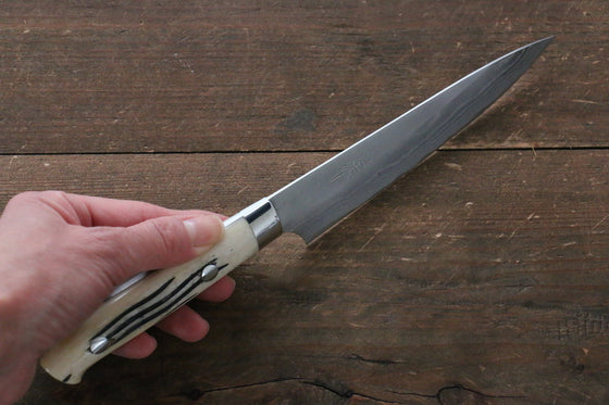 Takeshi Saji Blue Super Migaki Finished Damascus Petty-Utility 135mm White Cow Bone Handle - Seisuke Knife