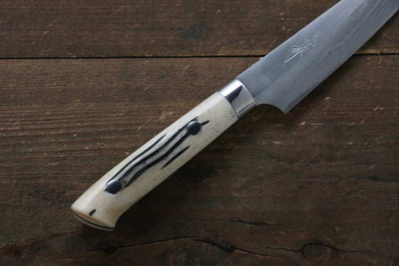 Takeshi Saji Blue Super Migaki Finished Damascus Petty-Utility 135mm White Cow Bone Handle - Seisuke Knife