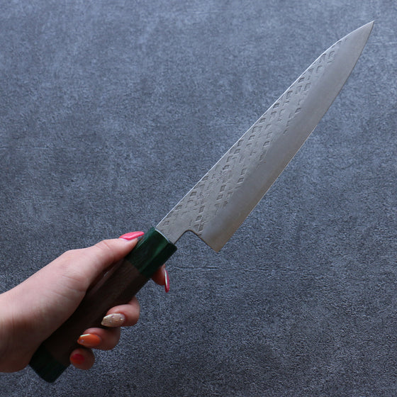 Seisuke Silver Steel No.3 Hammered Gyuto 210mm Walnut(With Double Green Pakka wood) Handle - Seisuke Knife