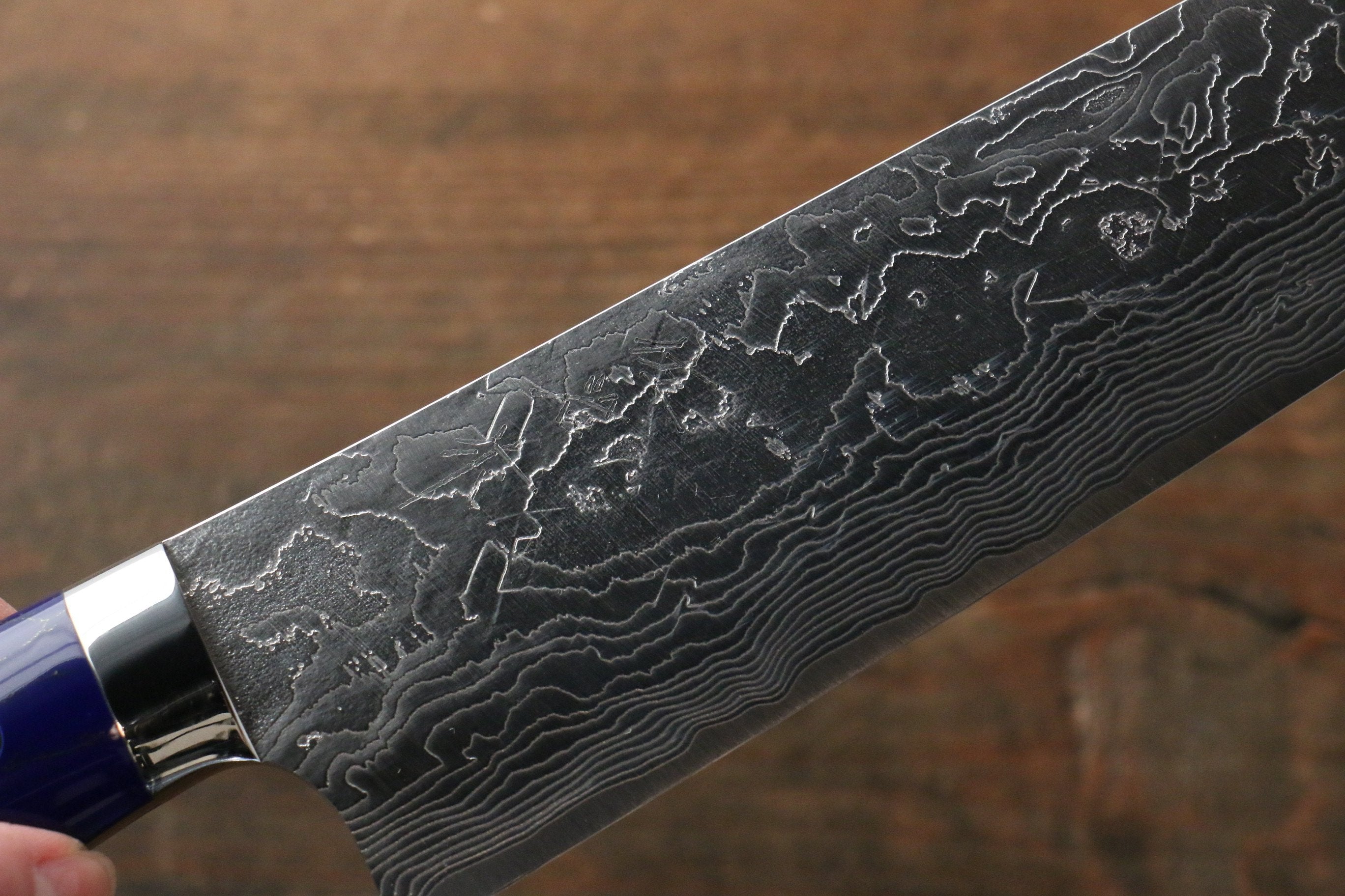 Takeshi Saji SG2 Diamond Finish Damascus Gyuto 240mm Navy Blue Turquoise (Nomura Style) Handle - Seisuke Knife