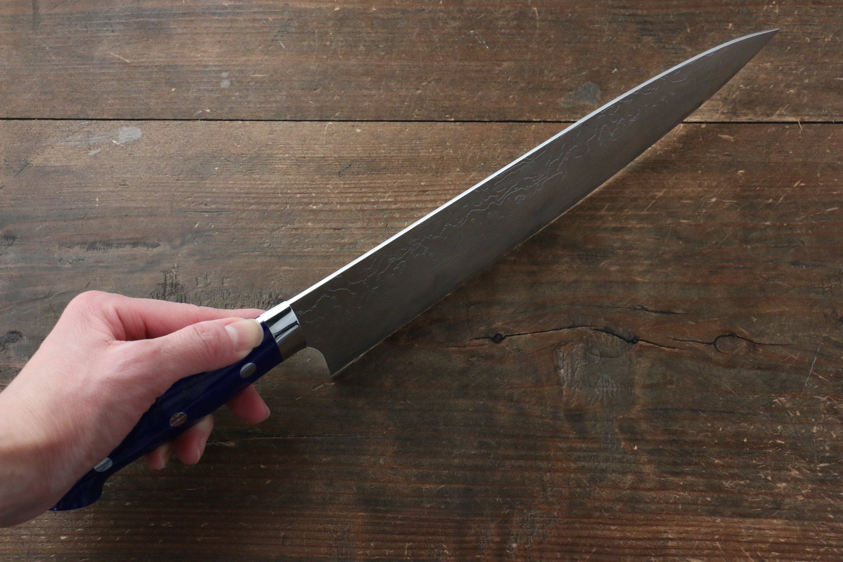 Takeshi Saji SG2 Diamond Finish Damascus Gyuto 240mm Navy Blue Turquoise (Nomura Style) Handle - Seisuke Knife