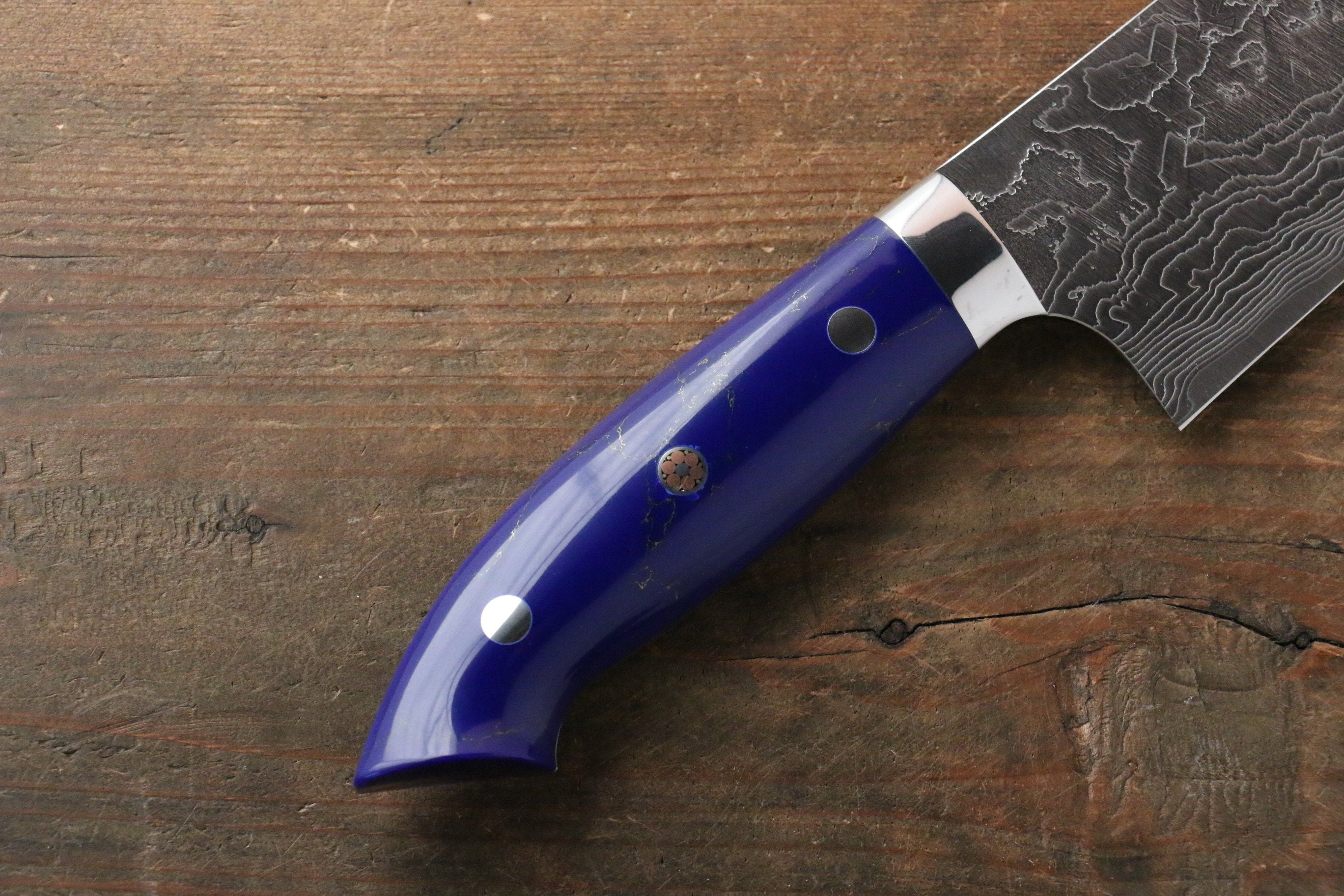 Takeshi Saji SG2 Diamond Finish Damascus Gyuto 240mm Navy Blue Turquoise (Nomura Style) Handle - Seisuke Knife