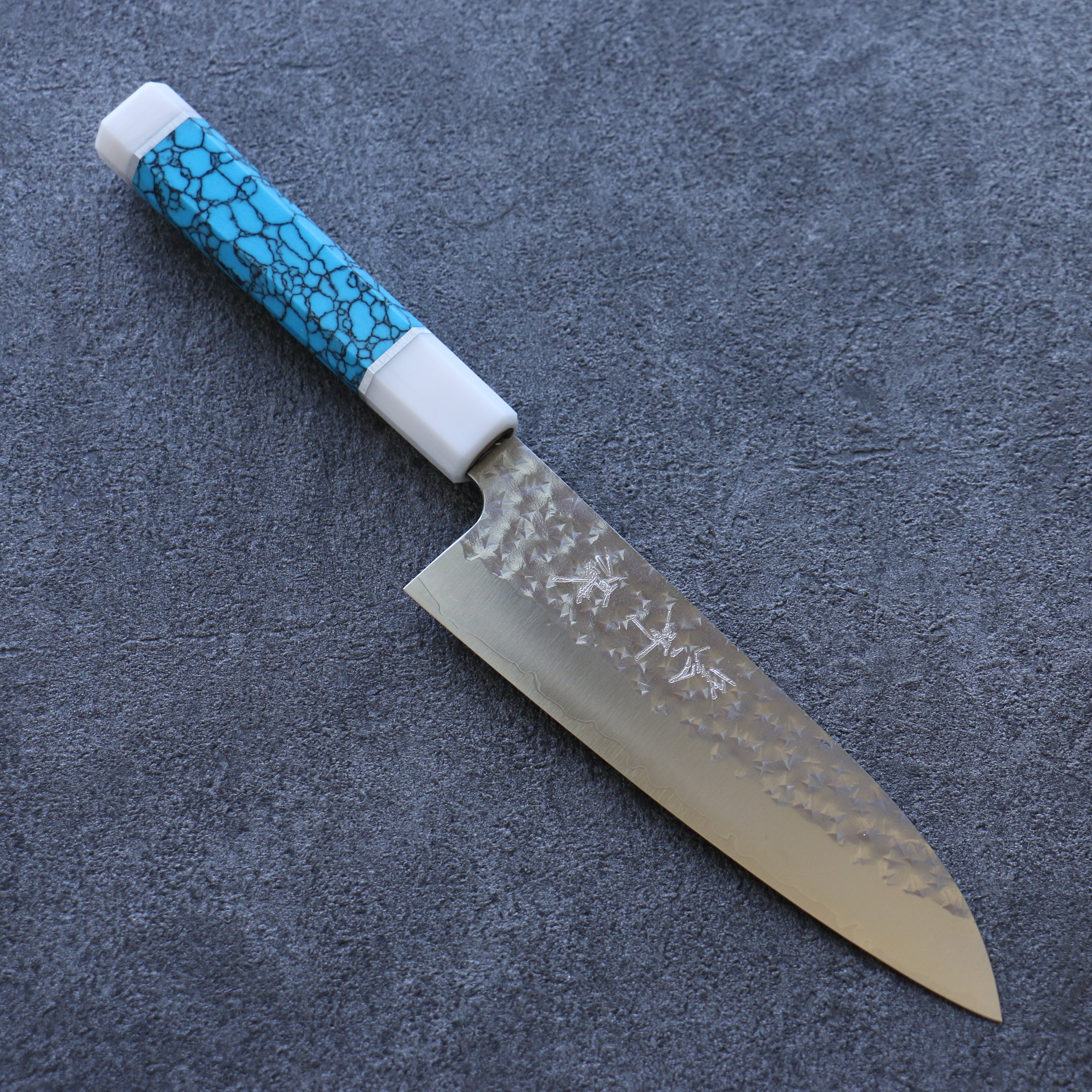 Yu Kurosaki Senko SG2 Hammered Small Santoku 150mm Turquoise(With Double White Ring) Handle - Seisuke Knife