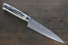  Takeshi Saji Blue Steel No.2 Colored Damascus Petty-Utility 135mm White Cow Bone Handle - Seisuke Knife