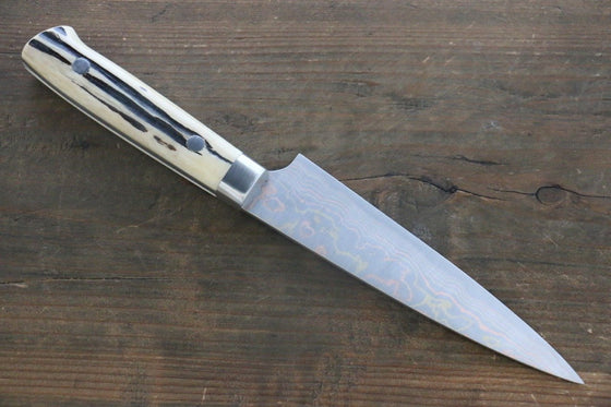 Takeshi Saji Blue Steel No.2 Colored Damascus Petty-Utility 135mm White Cow Bone Handle - Seisuke Knife