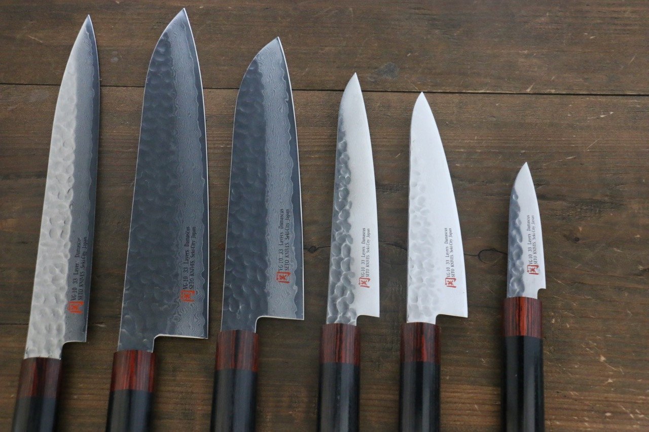 Iseya VG10 33 Layer Damascus Japanese Petty 80mm, Petty 150mm, Santoku 180mm, Small Santoku 135mm, Gyuto 210mm & Sushi Chef Knife 210mm Knife Set - Seisuke Knife