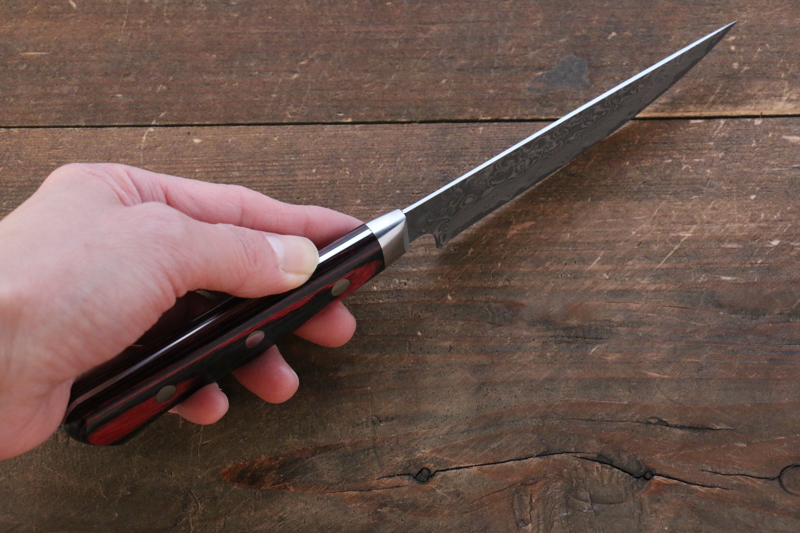 Yoshimi Kato VG10 Damascus Steak 100mm with Red Pakkawood Handle - Seisuke Knife