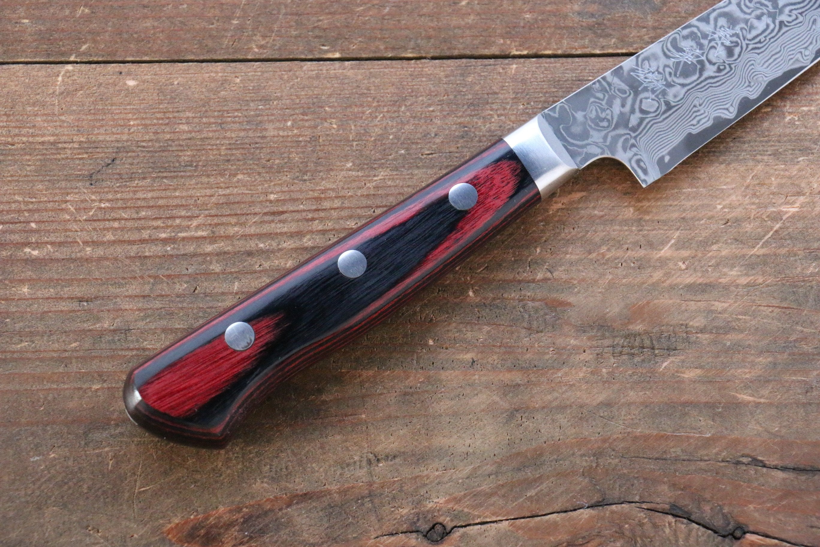 Yoshimi Kato VG10 Damascus Steak 100mm with Red Pakkawood Handle - Seisuke Knife