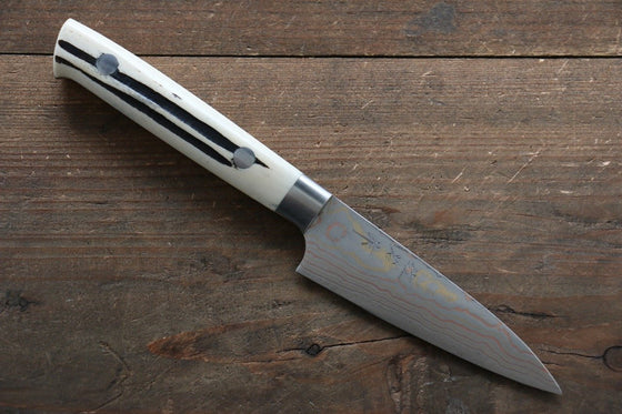 Takeshi Saji Blue Steel No.2 Colored Damascus Petty-Utility 90mm White Cow Bone Handle - Seisuke Knife