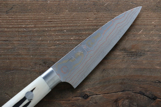 Takeshi Saji Blue Steel No.2 Colored Damascus Petty-Utility 90mm White Cow Bone Handle - Seisuke Knife