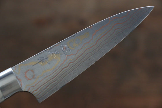 Takeshi Saji Blue Steel No.2 Colored Damascus Petty-Utility 90mm White Cow Bone Handle - Seisuke Knife