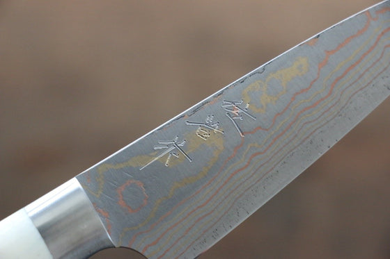 Takeshi Saji Blue Steel No.2 Colored Damascus Petty-Utility 90mm White Cow Bone Handle - Seisuke Knife