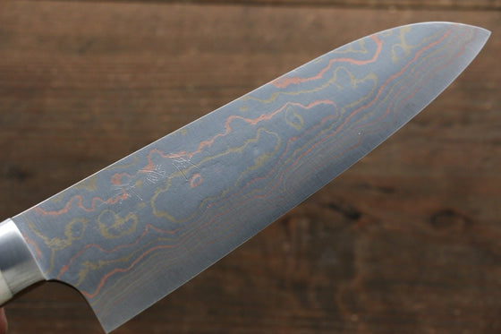 Takeshi Saji Blue Steel No.2 Colored Damascus Santoku 180mm White Cow Bone Handle - Seisuke Knife