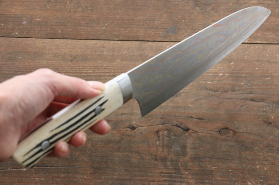 Takeshi Saji Blue Steel No.2 Colored Damascus Santoku 180mm White Cow Bone Handle - Seisuke Knife