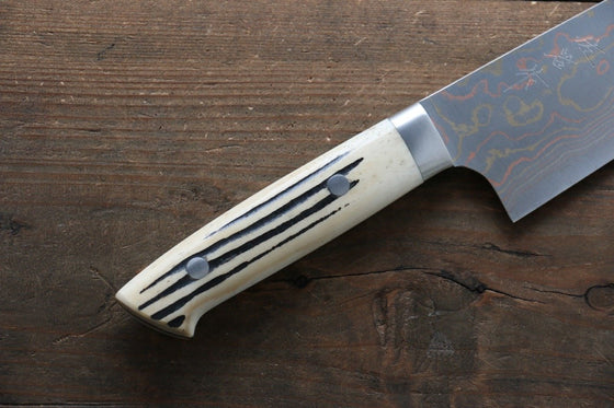 Takeshi Saji Blue Steel No.2 Colored Damascus Santoku 180mm White Cow Bone Handle - Seisuke Knife