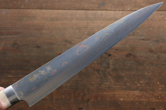 Takeshi Saji Blue Steel No.2 Colored Damascus Sujihiki 240mm White Cow Bone Handle - Seisuke Knife