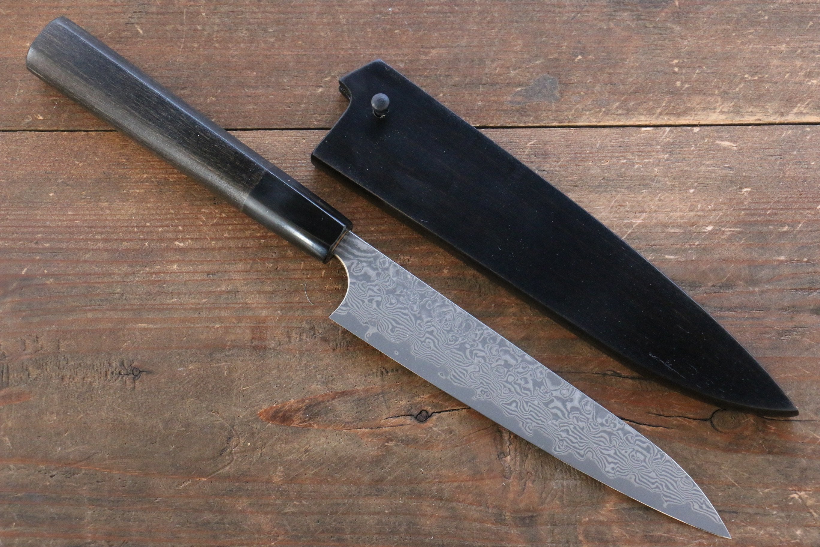 Yoshimi Kato VG10 Damascus Petty-Utility 150mm with Black Lacquered Handle with Saya - Seisuke Knife
