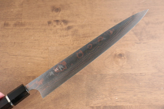 Takeshi Saji Blue Steel No.2 Colored Damascus Sujihiki 270mm Ebony with Ring Handle - Seisuke Knife