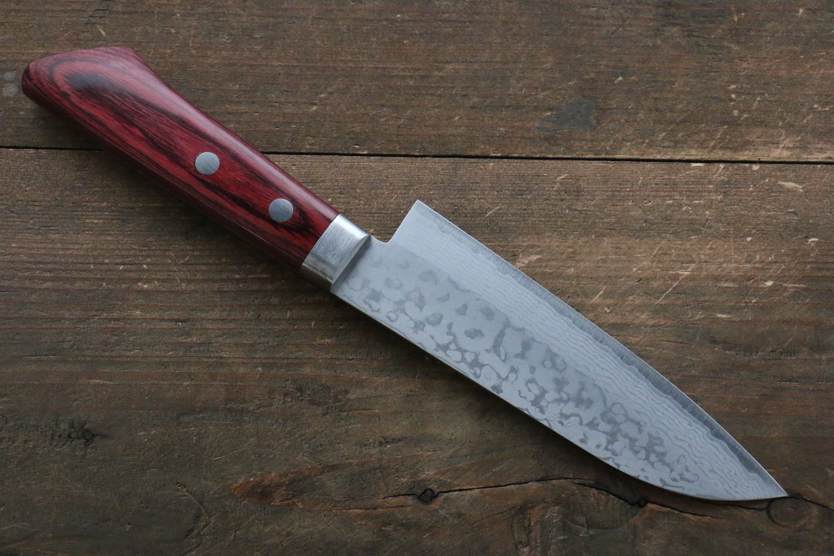 Kunihira Sairyu VG10 Damascus Small Santoku 135mm Red Pakka wood Handle - Seisuke Knife