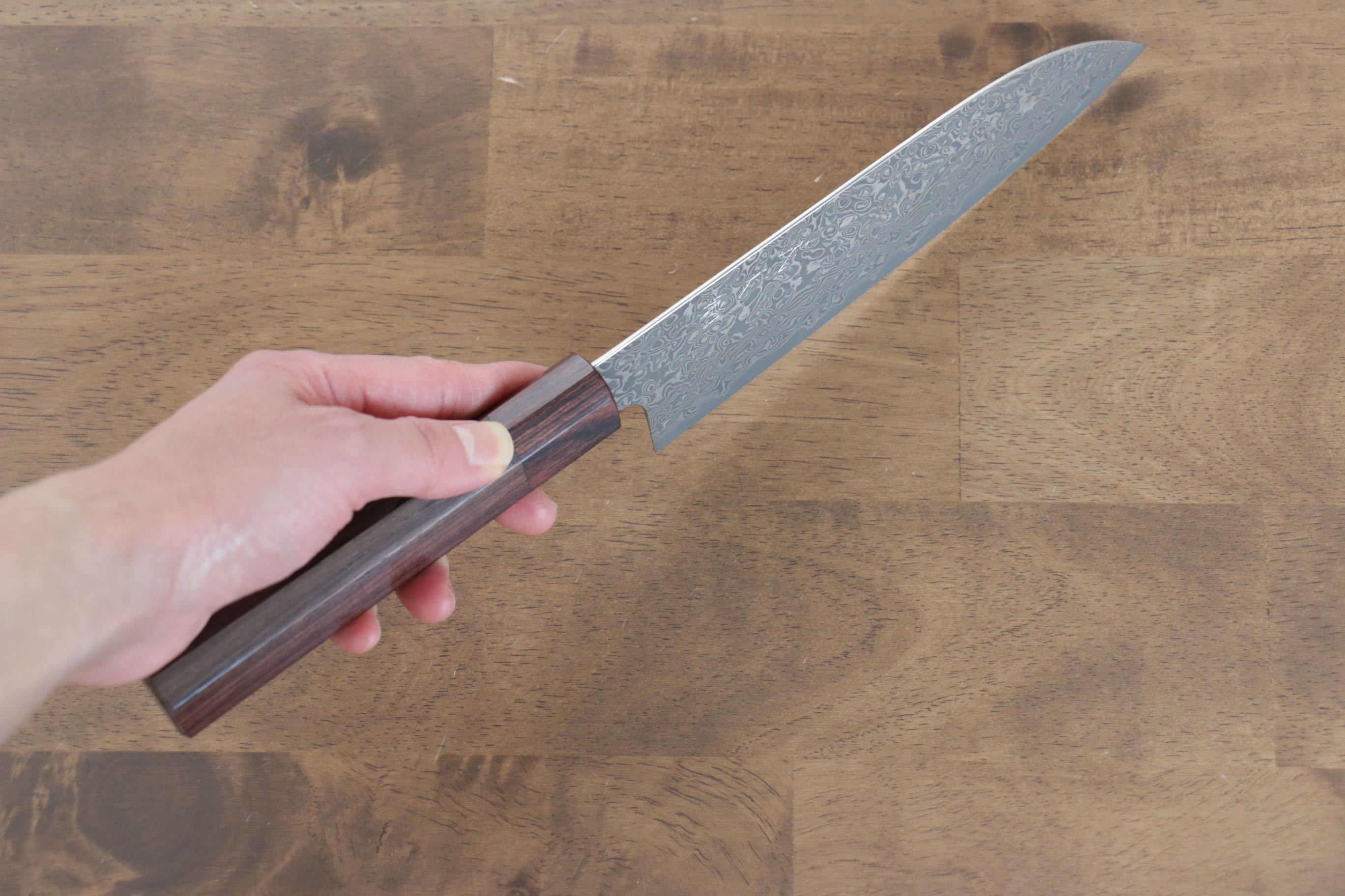 Yoshimi Kato VG10 Damascus Santoku 170mm with Shitan Handle - Seisuke Knife