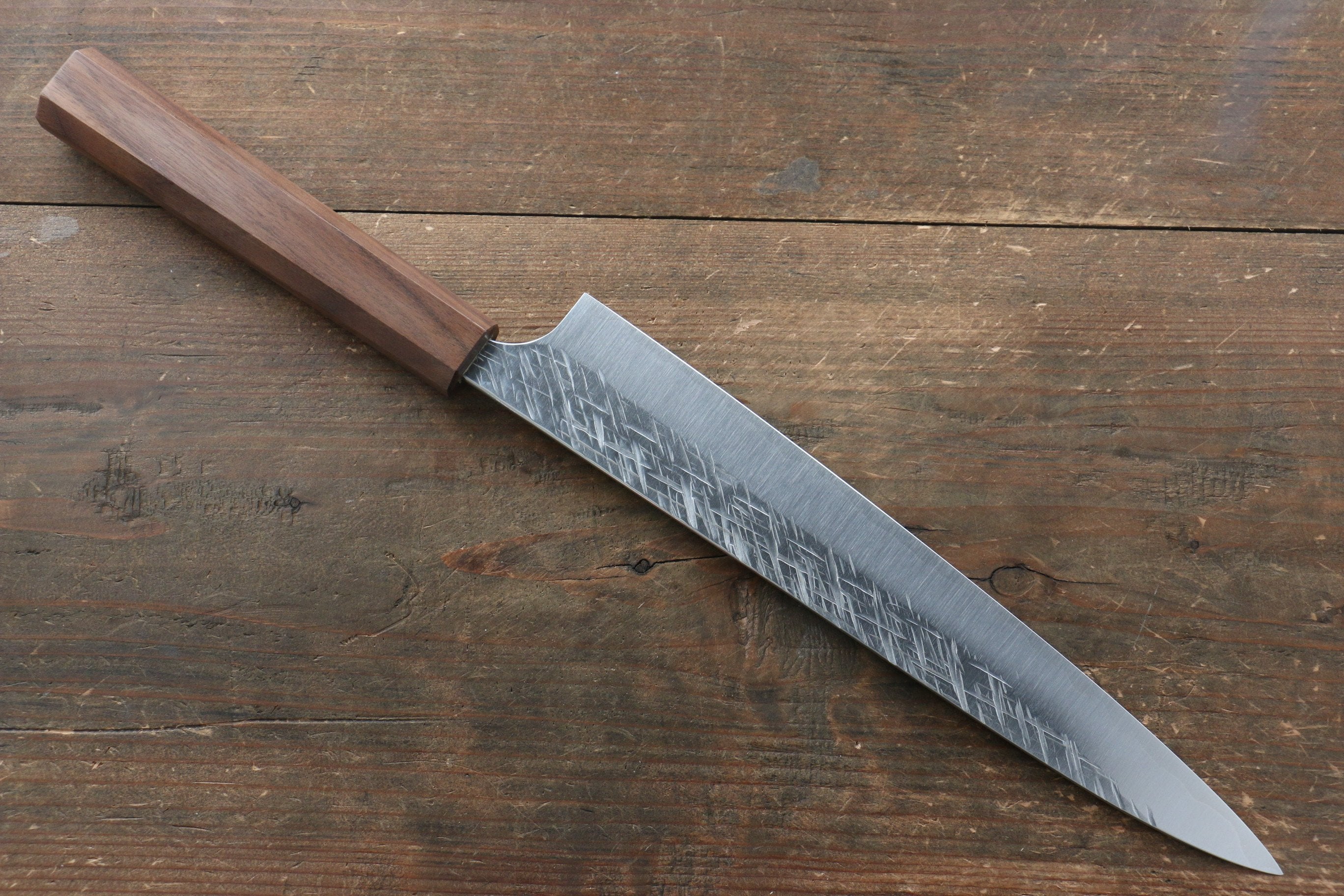 Yu Kurosaki Raijin Cobalt Special Steel Hammered Sujihiki 240mm Walnut Handle - Seisuke Knife