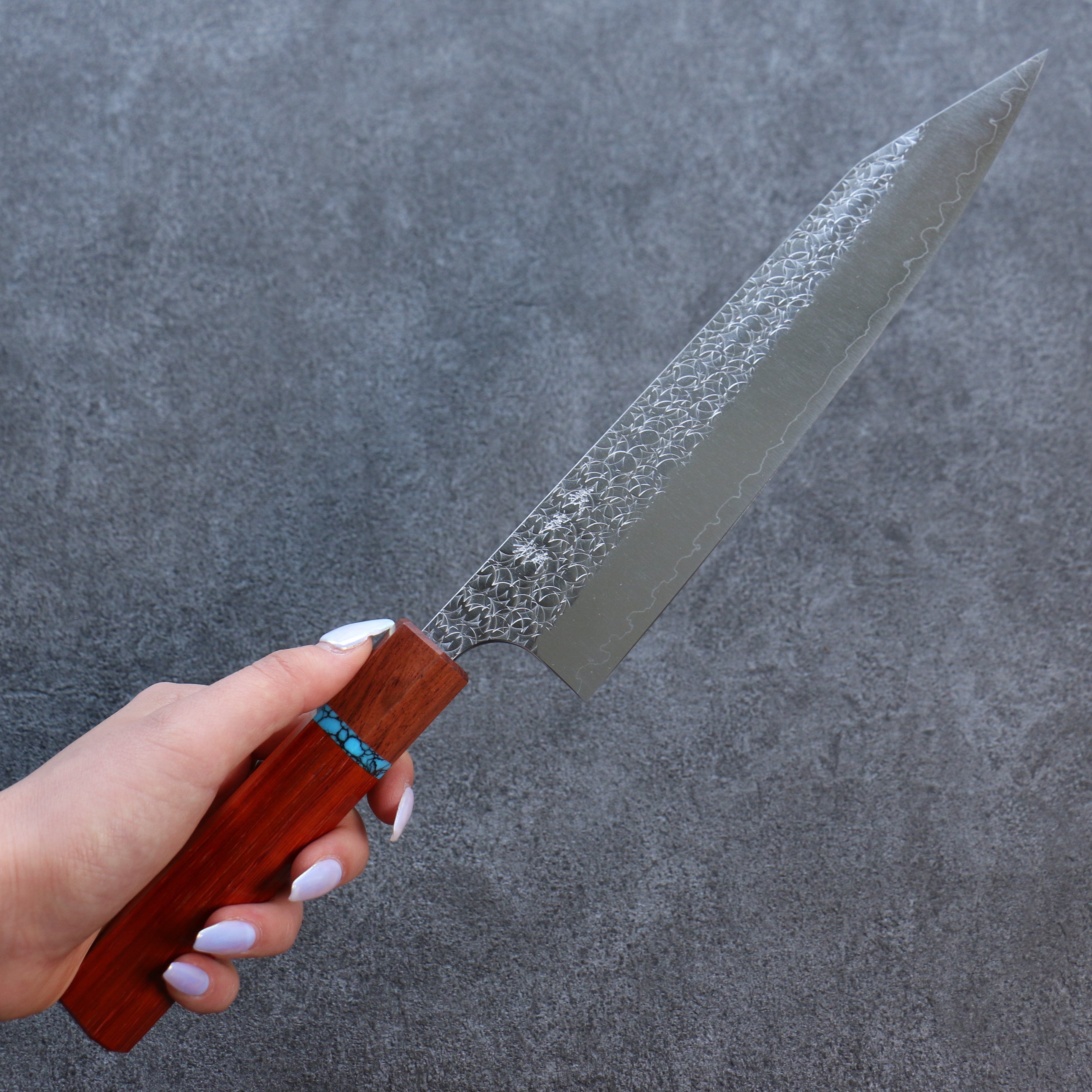 Yoshimi Kato Minamo SG2 Hammered Kiritsuke Gyuto 210mm Padoauk(Turquoise Ring) Handle - Seisuke Knife