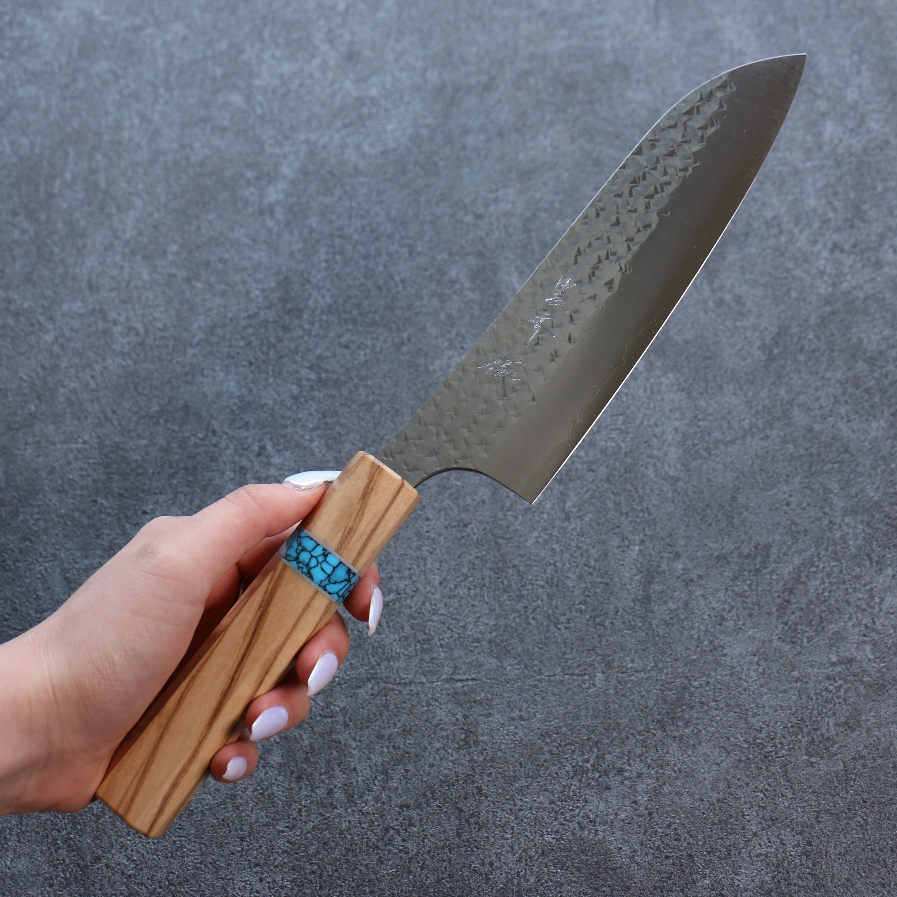 Yu Kurosaki Senko Ei SG2 Hammered Santoku 165mm Turquoise & Olive Handle - Seisuke Knife