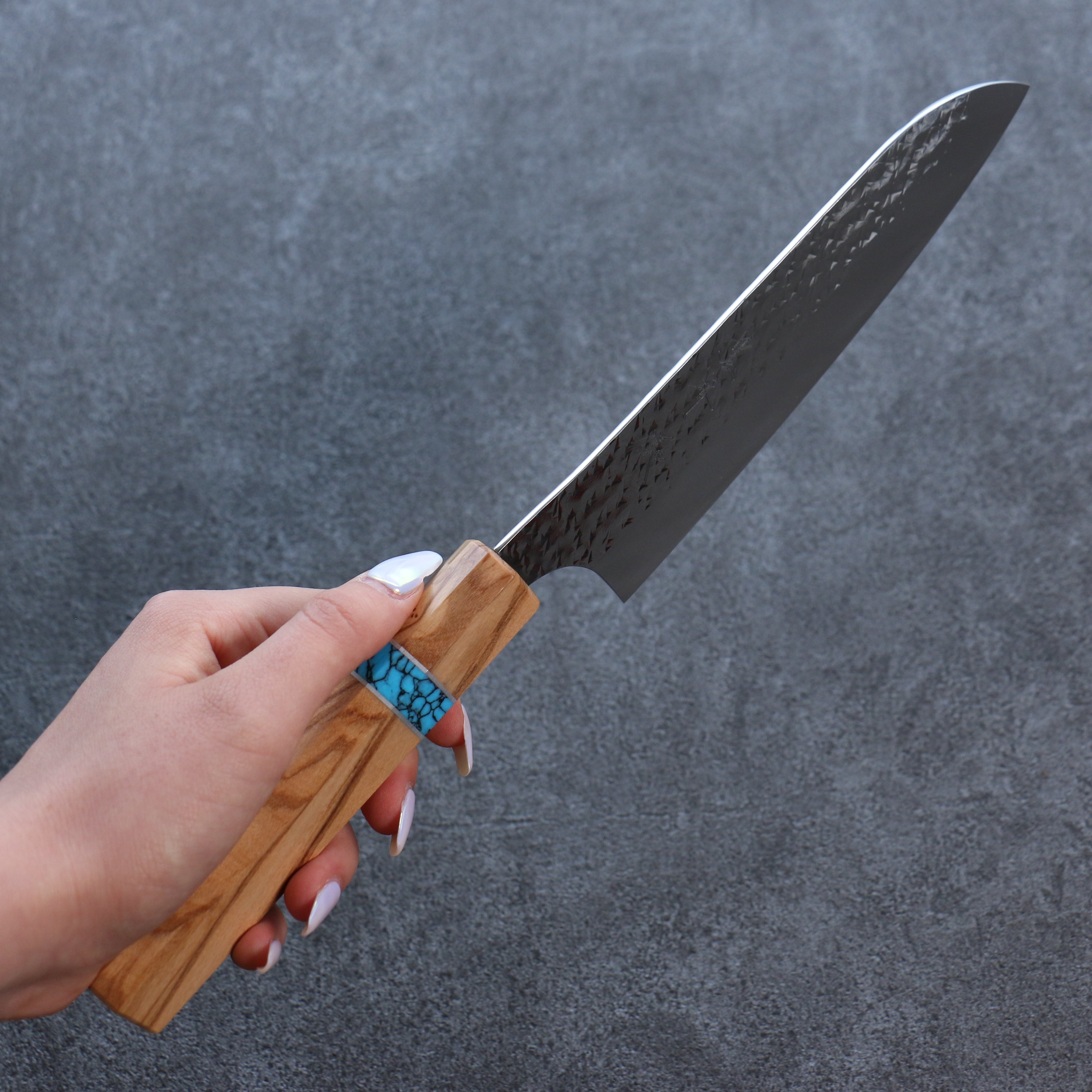Yu Kurosaki Senko Ei SG2 Hammered Santoku 165mm Turquoise & Olive Handle - Seisuke Knife