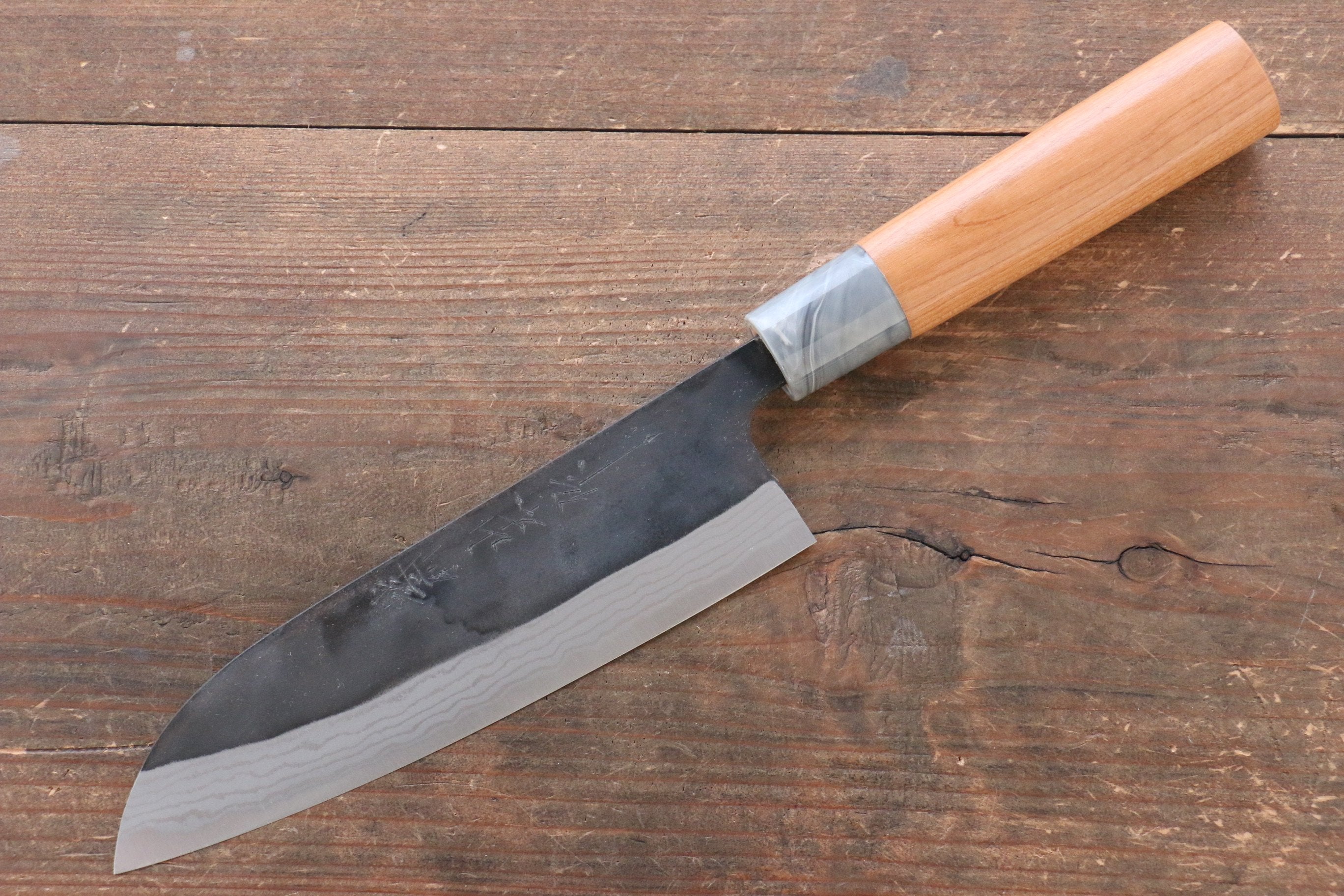 Nao Yamamoto White Steel No.2 Kurouchi Damascus Santoku 170mm with American Cherry Handle - Seisuke Knife