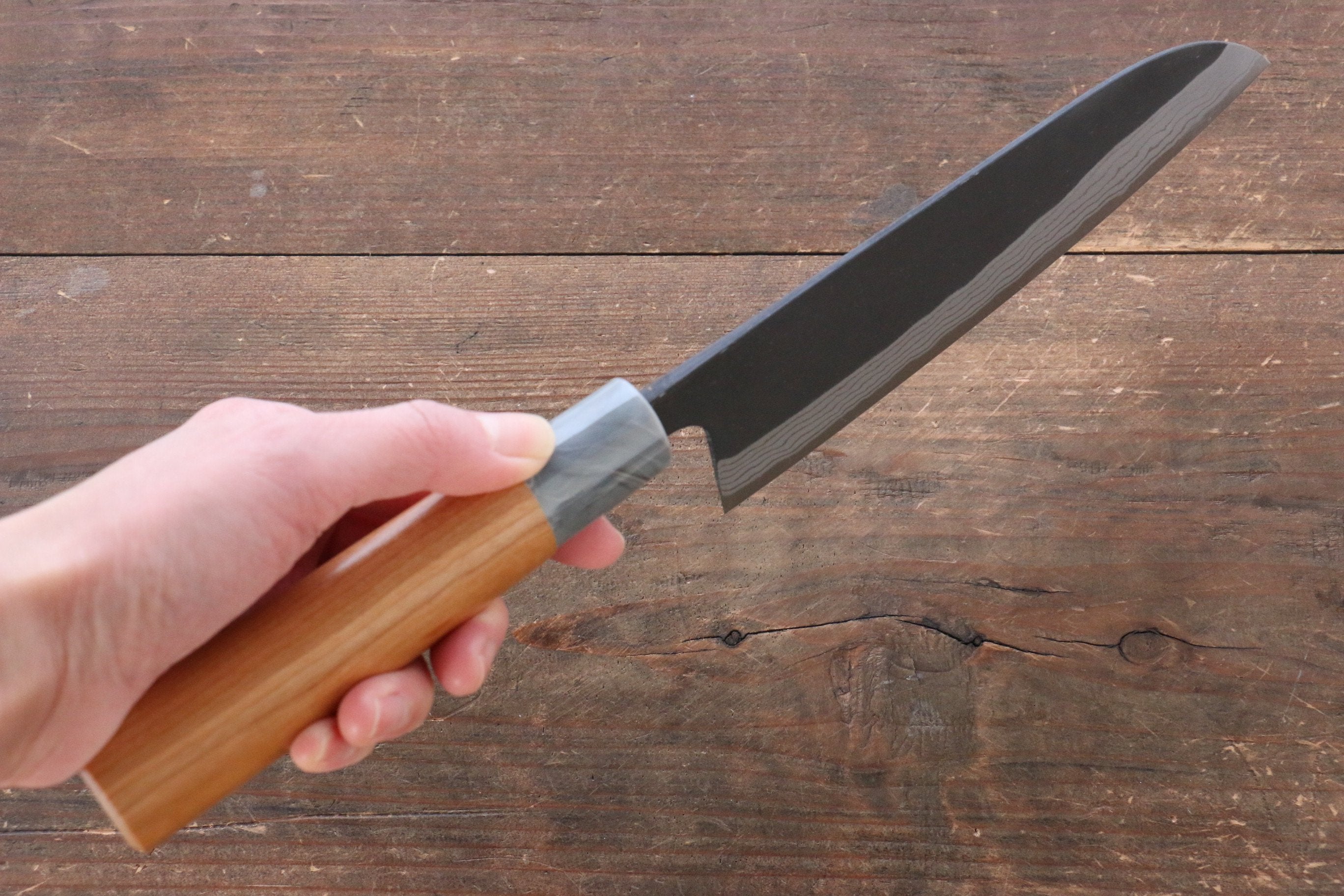 Nao Yamamoto White Steel No.2 Kurouchi Damascus Santoku 170mm with American Cherry Handle - Seisuke Knife