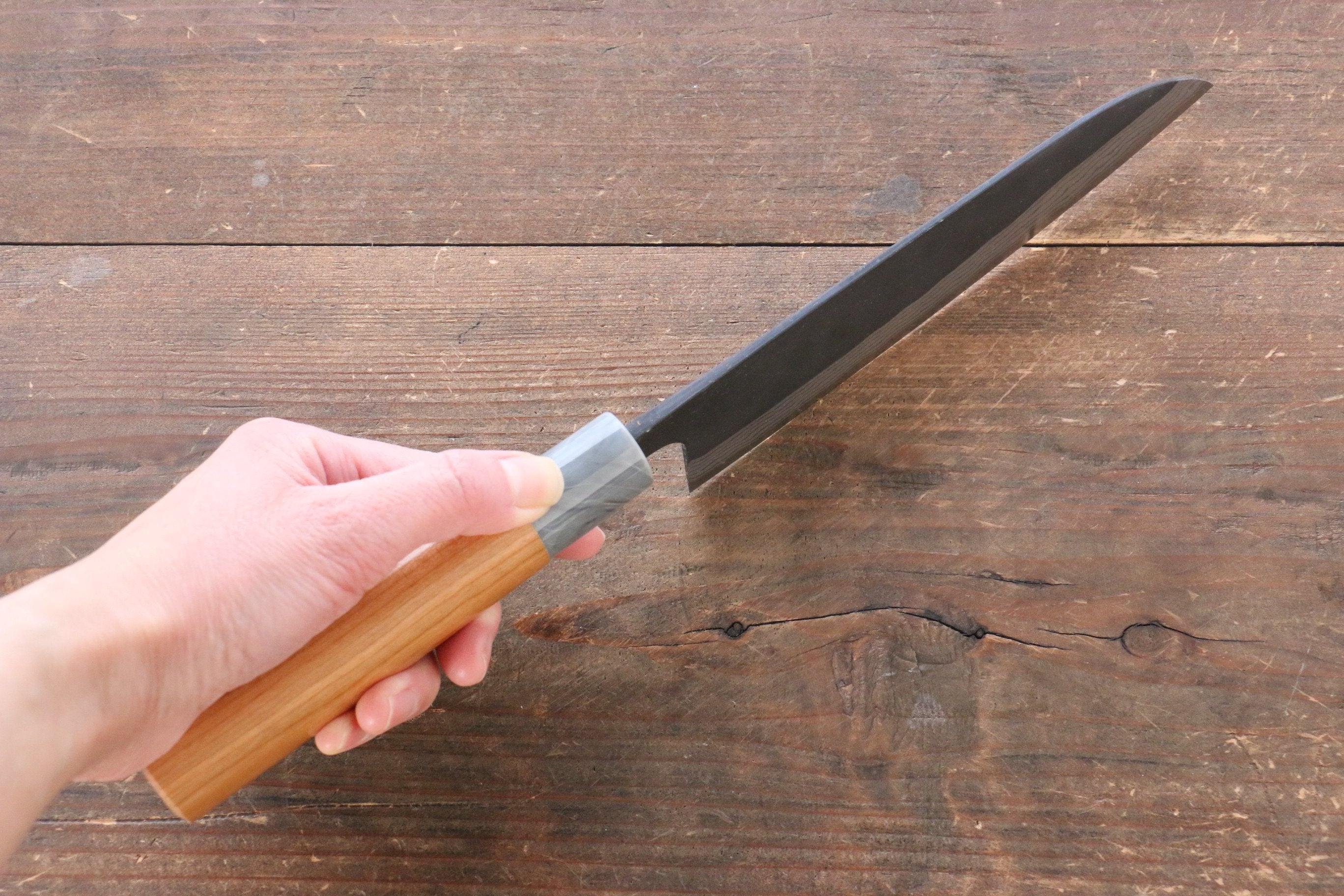 Nao Yamamoto White Steel No.2 Kurouchi Damascus Santoku 170mm with American Cherry Handle - Seisuke Knife