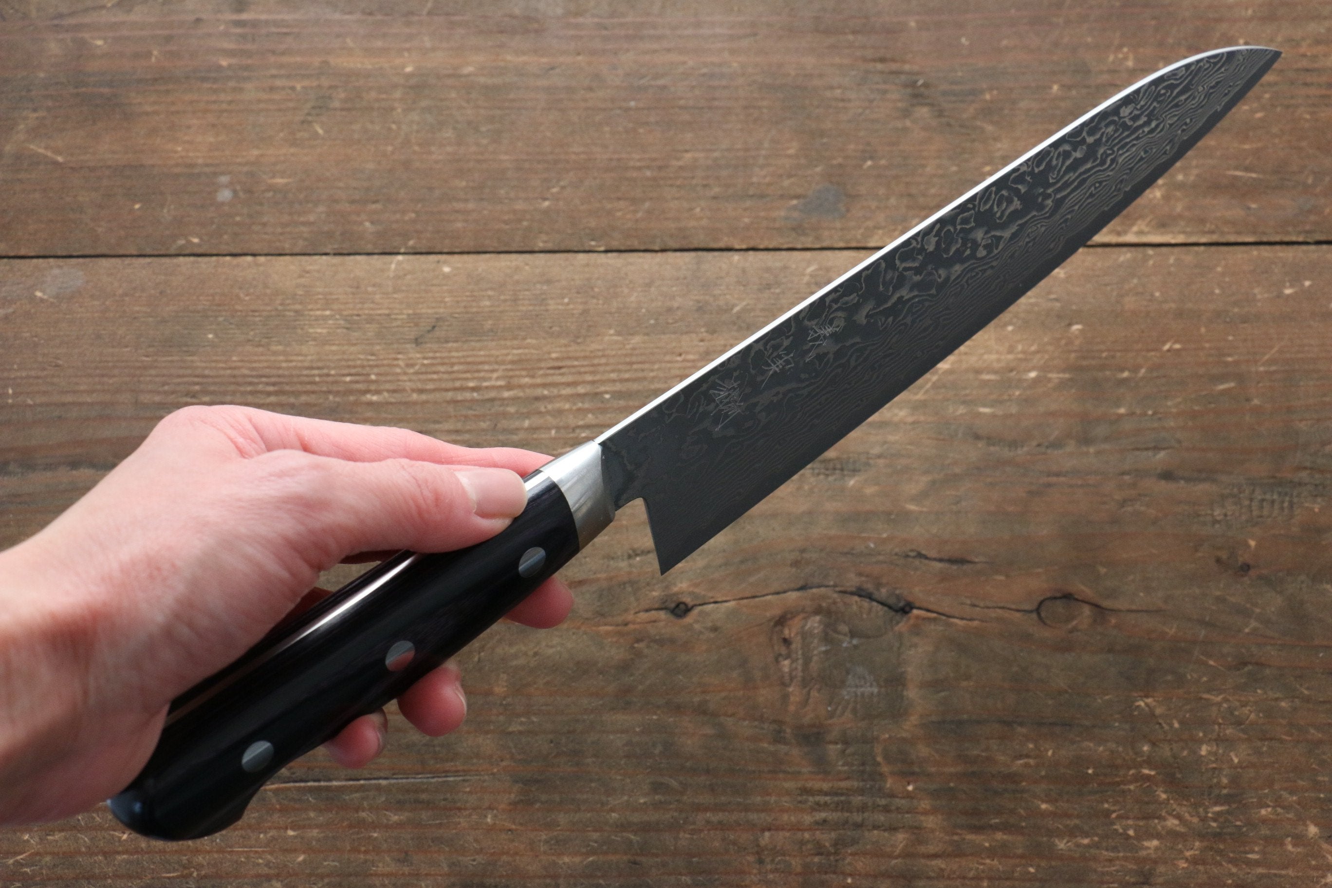 Yoshimi Kato VG10 Damascus Gyuto 210mm with Black Pakkawood Handle & Saya - Seisuke Knife