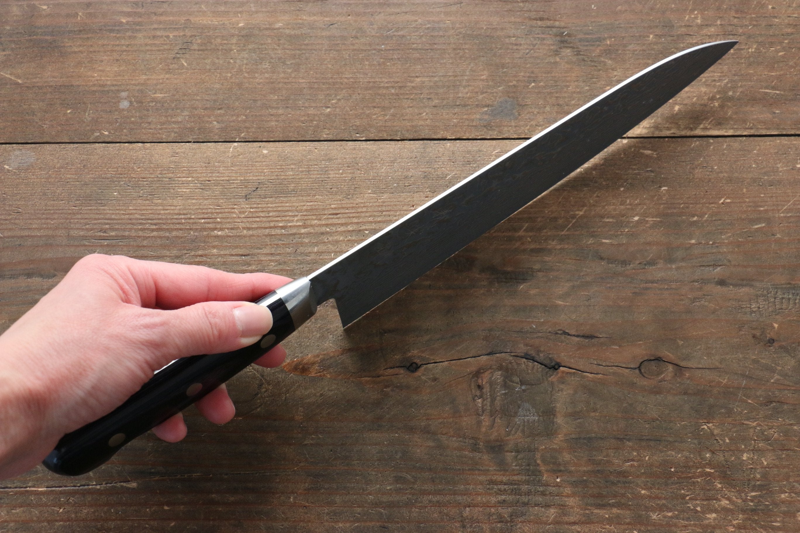 Yoshimi Kato VG10 Damascus Gyuto 210mm with Black Pakkawood Handle & Saya - Seisuke Knife