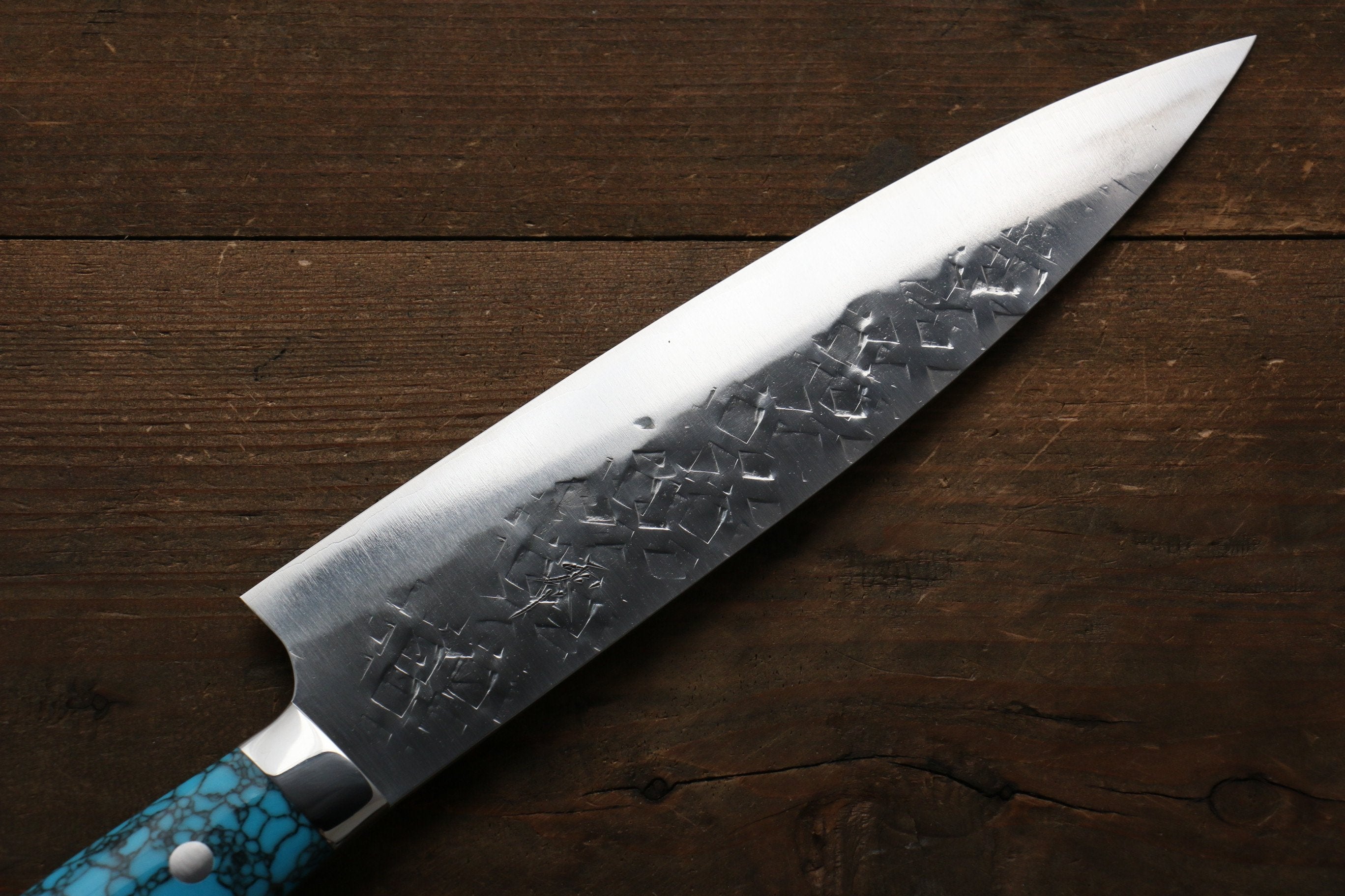 Takeshi Saji SRS13 Hammered Gyuto 210mm Blue Turquoise (Nomura Style) Handle - Seisuke Knife