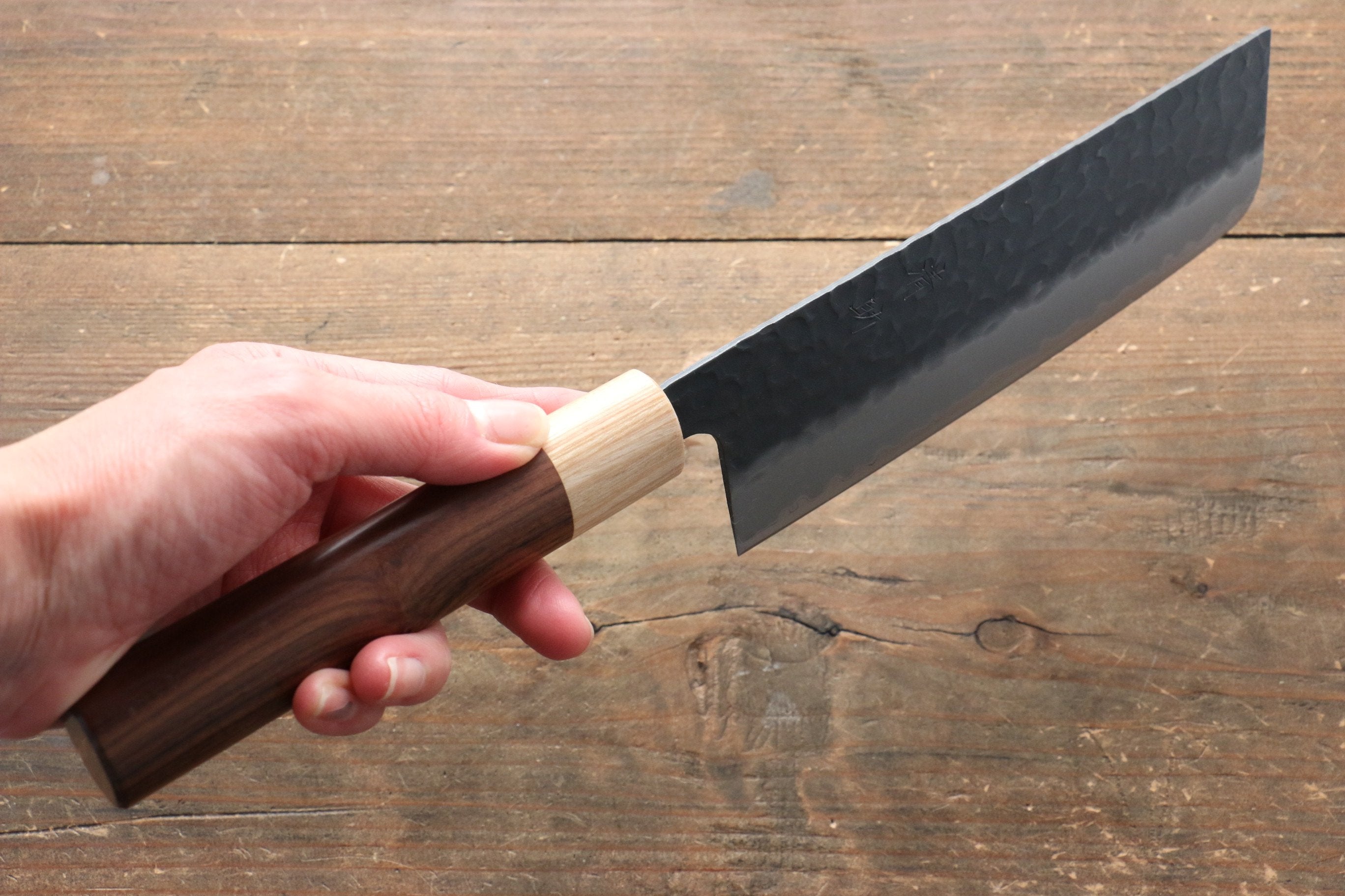 Seisuke Kokubyaku Blue Super Hammered Nakiri 165mm Morado Handle - Seisuke Knife