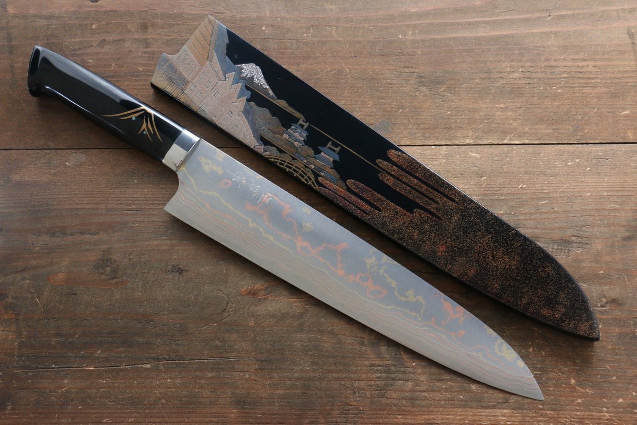 Takeshi Saji Blue Steel No.2 Colored Damascus Maki-e Art Gyuto 270mm Lacquered Handle - Seisuke Knife
