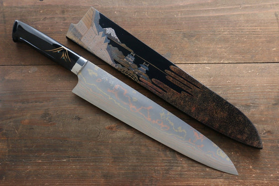 Takeshi Saji Blue Steel No.2 Colored Damascus Maki-e Art Gyuto 270mm Lacquered Handle - Seisuke Knife