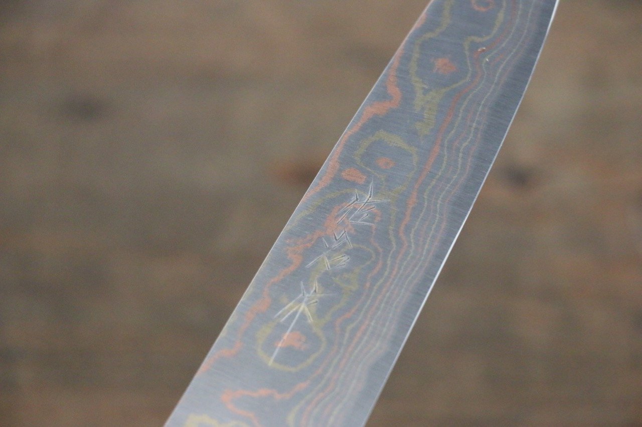 Takeshi Saji Maki-e Art Blue Steel No.2 Colored Damascus Maki-e Art Fujisan Petty-Utility 135mm Lacquered Handle - Seisuke Knife