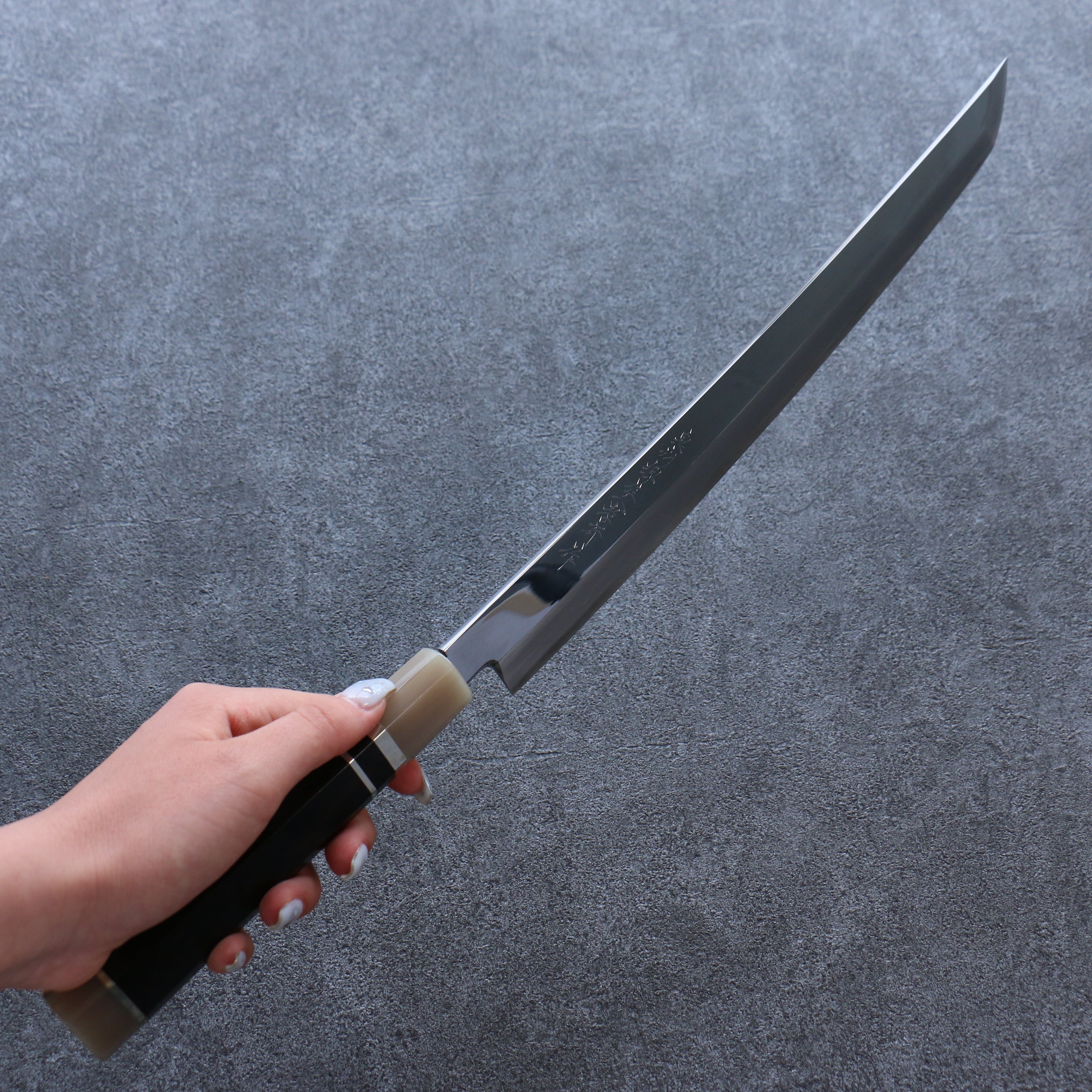Sakai Takayuki Zangetsu Silver Steel No.3 Mirrored Finish Sakimaru Yanagiba 330mm Ebony Wood Handle with Sheath - Seisuke Knife