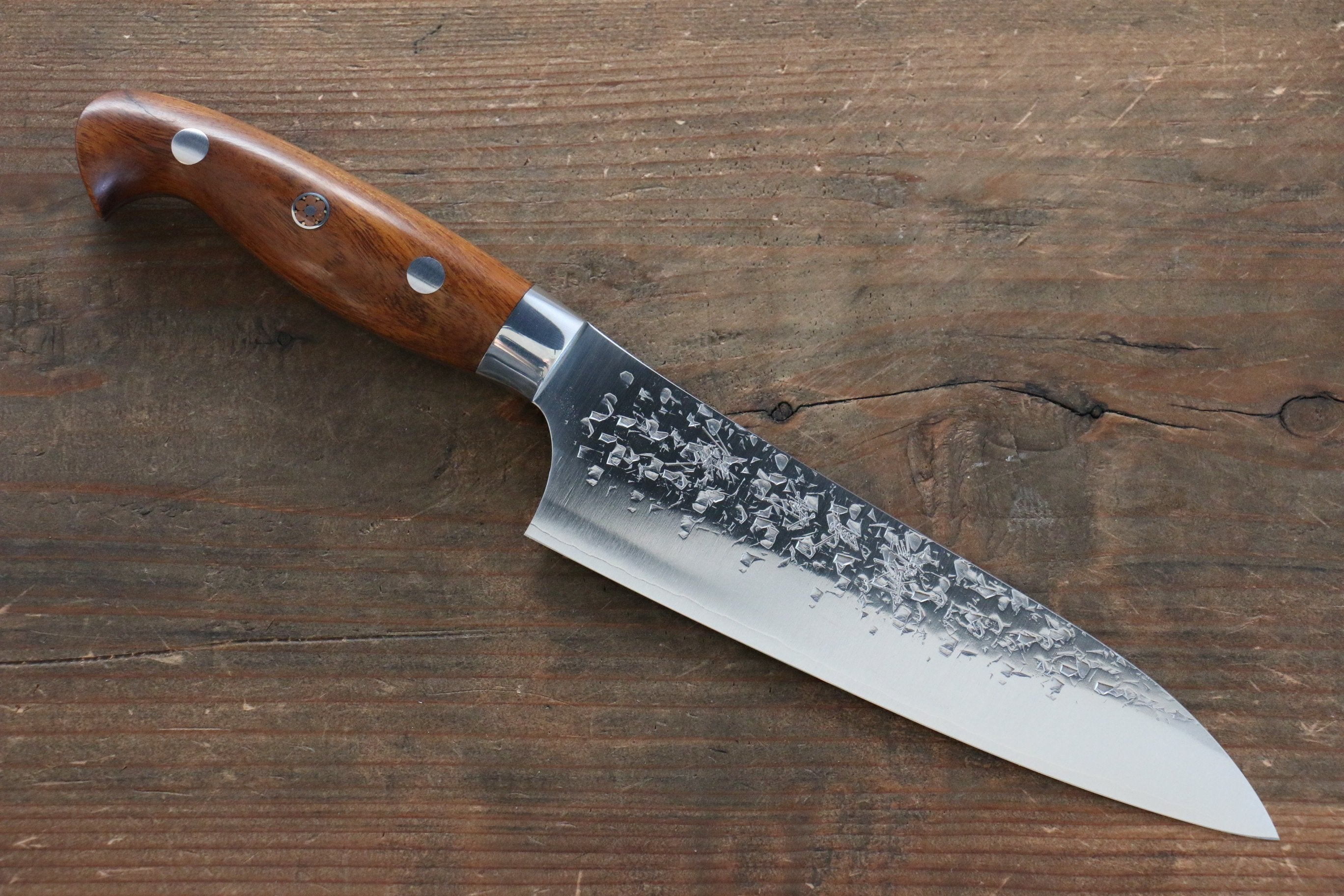 Yu Kurosaki Shizuku SG2 Hammered Small Santoku 150mm with Iron Wood Handle - Seisuke Knife